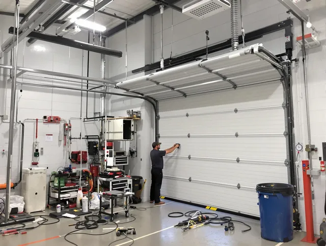 Kendall Garage Door Repair certified technician performing commercial door repair at a Kendall business facility