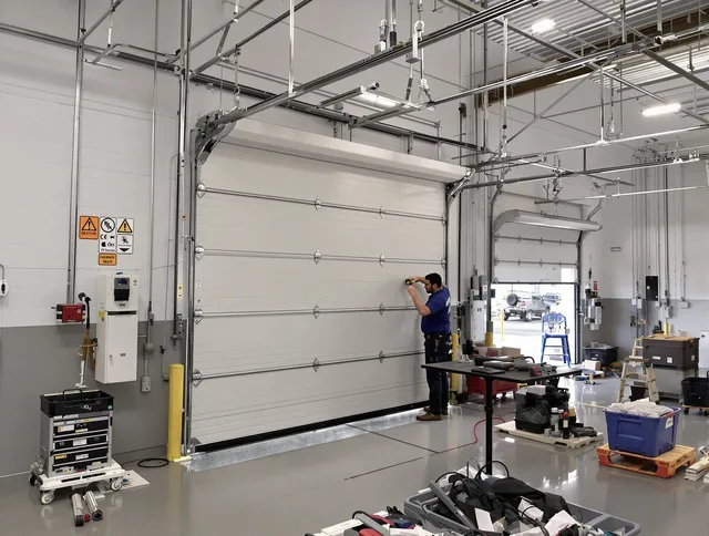 Commercial garage door repair being performed by Kendall Garage Door Repair expert in Kendall