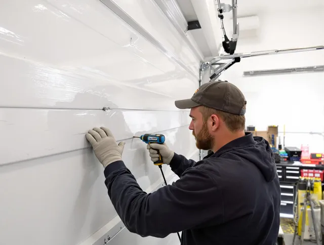 Kendall Garage Door Repair technician demonstrating precision dent removal techniques on a Kendall garage door