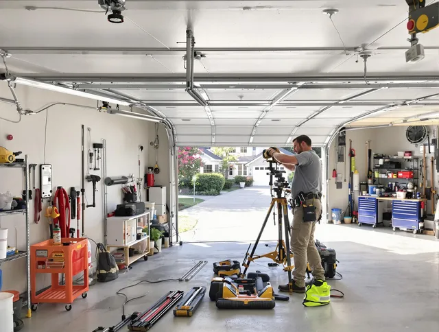 Kendall Garage Door Repair specialist performing laser-guided track alignment in Kendall